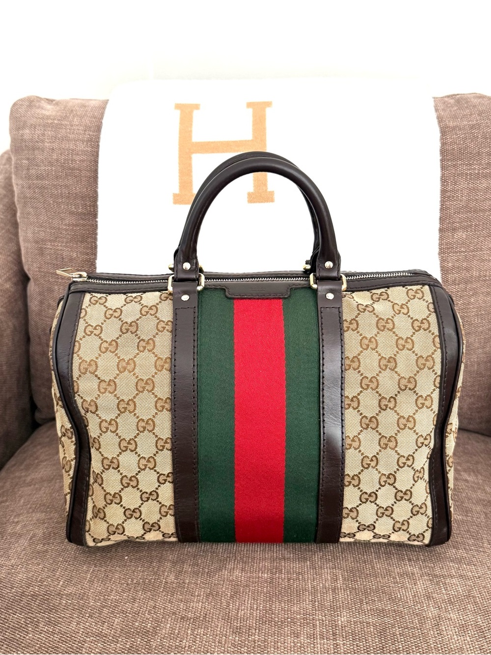 Authentic Gucci Boston satchel bag monogram canvas brown leather with strap